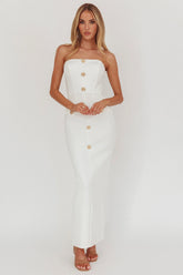 She Is Button Front Strapless Maxi Dress White