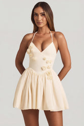Halterneck Floral-Appliqué Corset Mini Dress in Ivory