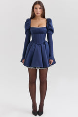 midnight satin puff sleeve mini dress - sale
