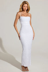 Embellished Cowl-Neck Maxi Dress in White