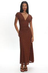 Novia Ruched Bodice Maxi Dress Embroidered Chocolate