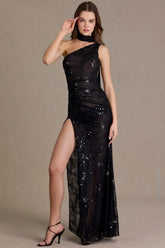 Sequin Lace Scarf-Detail Maxi Dress in Black