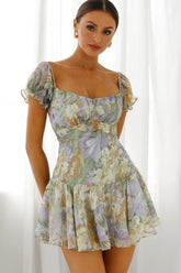 Linka Off-Shoulder Tie Back Fluted Hem Dress Floral Print Yellow