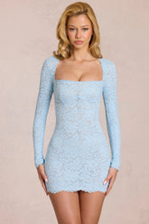 Scalloped-Lace Long-Sleeve Mini Dress in Powder Blue