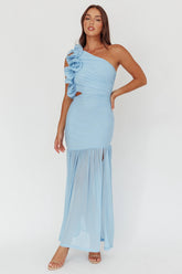 Deanna One-Shoulder Sheer Hem Maxi Dress Blue