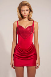 Satin Sweetheart-Neck A-Line Mini Dress in Rose Red