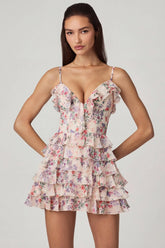 Ruffled Lace-Up A-Line Mini Dress in Primrose Floral Print