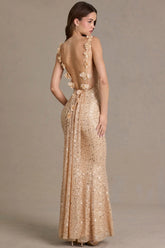 Embellished Open-Back Maxi Dress in Gold