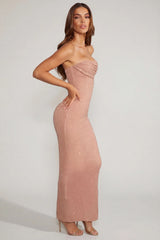 Embellished Bandeau Cowl Neck Maxi Dress in Beige