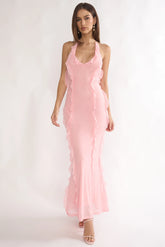 Collins Halter Ruffle Trim Maxi Dress Pink