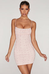 Embellished Cowl Neck Mini Dress in Blush