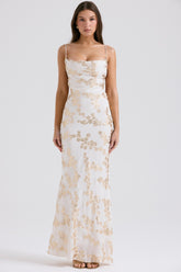 white & gold jacquard satin gown