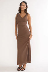 Cavelle Tie Shoulder Mesh Maxi Dress Chocolate