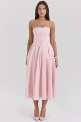 parisian pink strapless corset midi dress