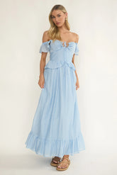 Hanalei Off-Shoulder Tied Bust Maxi Dress Light Blue