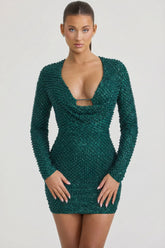 Embellished Cowl-Neck Mini Dress in Teal Green