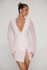 Embellished Wrap Over A-Line Mini Dress in Ivory