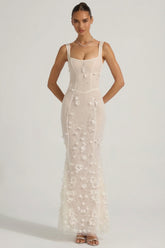 Embellished Appliqué Soft-Scoop Corset Gown in White