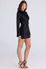 black satin long sleeve backless mini dress