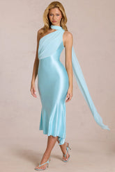 Scarf-Detail Midaxi Dress in Soft Aqua