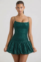 Embellished Bubble Hem Mini Dress in Teal Green
