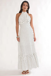 Romana High Neck Halter Maxi Dress Polka Dot White