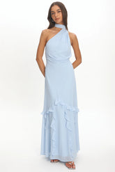 Lorielle One-Shoulder Ruffle Trim Maxi Dress Blue