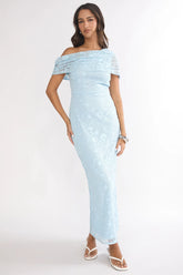 Elita Asymmetric Neckline Lace Maxi Dress Blue