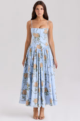 blue vintage rose print cotton midi sundress