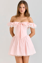 pink stretch cotton off shoulder corset mini dress