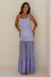 TILLIE SHEER BOTTOM MAXI DRESS - PERIWINKLE/LEMON POLKA