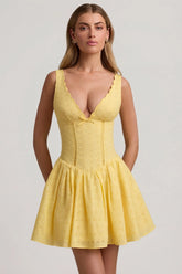 Broderie Anglaise Bow-Detail A-Line Mini Dress in Pastel Yellow