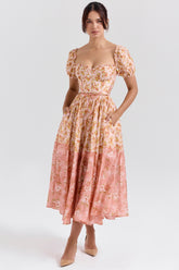 peach poppy print puff sleeve midi sundress