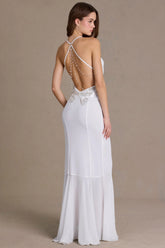 Chiffon Cowl-Neck Open-Back Gown in White