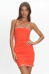 Denia Button Trim Ruched Mini Dress Tangerine