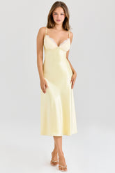 butter yellow satin bias cut midi dress