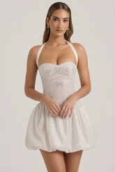 Embellished Halterneck Bubble Hem Mini Dress in Ivory