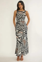 Floating Tied Low Back Maxi Dress Print Black/White