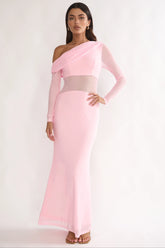 Milos Asymmetric Neckline Long Sleeve Maxi Dress Pink