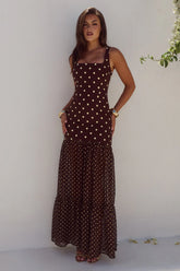 TILLIE SHEER BOTTOM MAXI DRESS - CHOC/LEMON POLKA