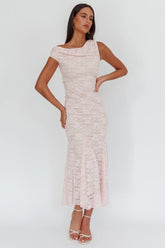 Diana Asymmetric Shoulder Godet Maxi Dress Lace Pink