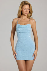 Embellished Cowl Neck Mini Dress in Blue