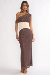 Milos Asymmetric Neckline Maxi Dress Chocolate Dot