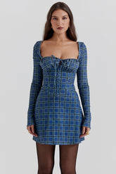 blue tartan corset mini dress
