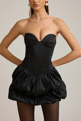Satin Bubble Hem Corset Mini Dress in Black