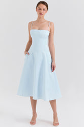 soft blue stretch cotton a-line midi sundress