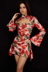 rose print draped corset dress