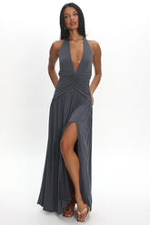 Italia Azure Gathered Waist Maxi Dress Charcoal