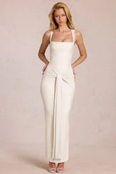 Square-Neck Tie-Gather Maxi Dress in Ivory