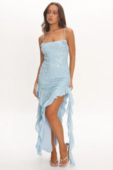 Sky's The Limit Ruffle Maxi Dress Sequin Blue
